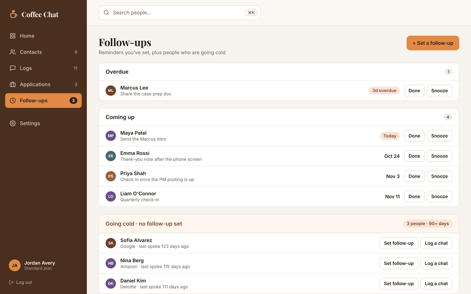 Follow-ups page: overdue, coming up, and contacts going cold with no follow-up set