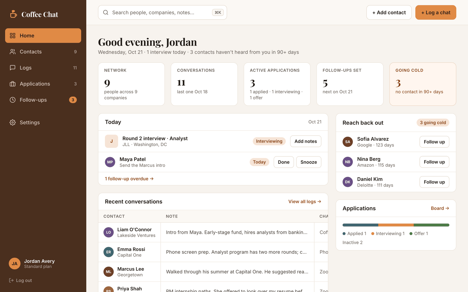 Coffee Chat home page: today's follow-ups and interviews, recent conversations, and who to reach back out to