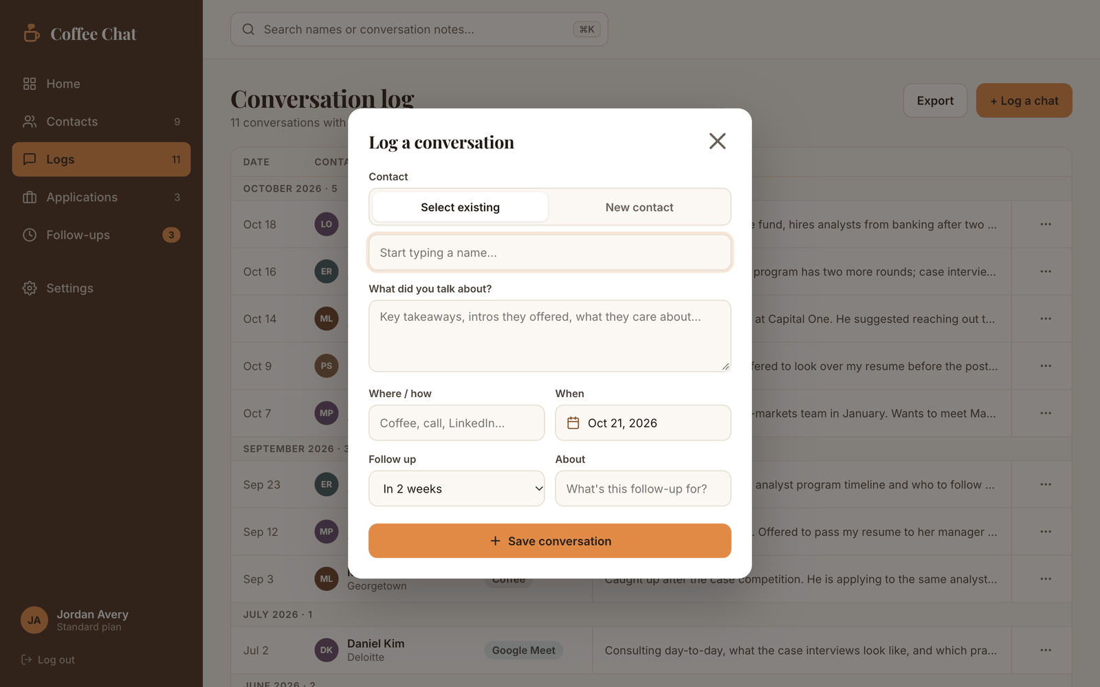 The Log a conversation form: contact, what you talked about, where and when, and the follow-up
