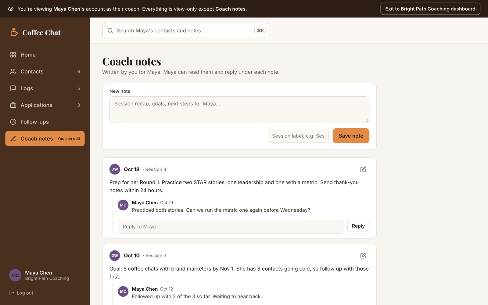 Coach notes inside a student's account, with the student's replies under each note