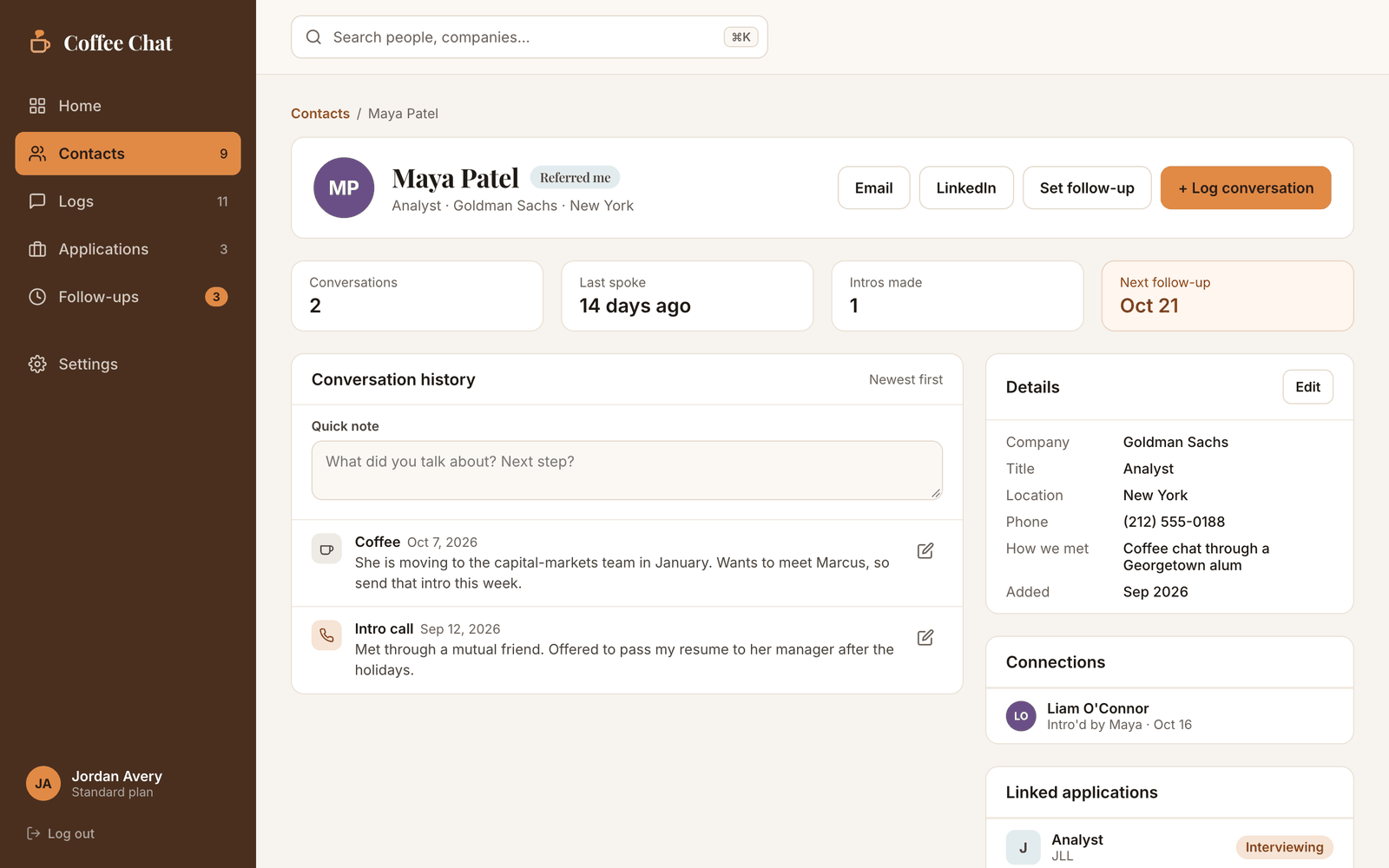 A contact profile: conversation history, details, connections, and linked applications