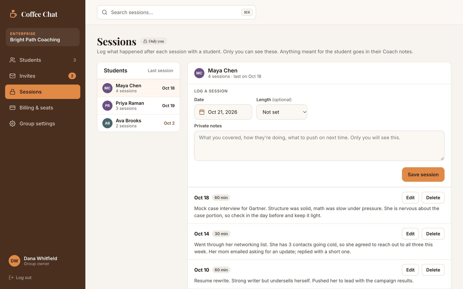 Sessions page: each student's session history with private coach notes