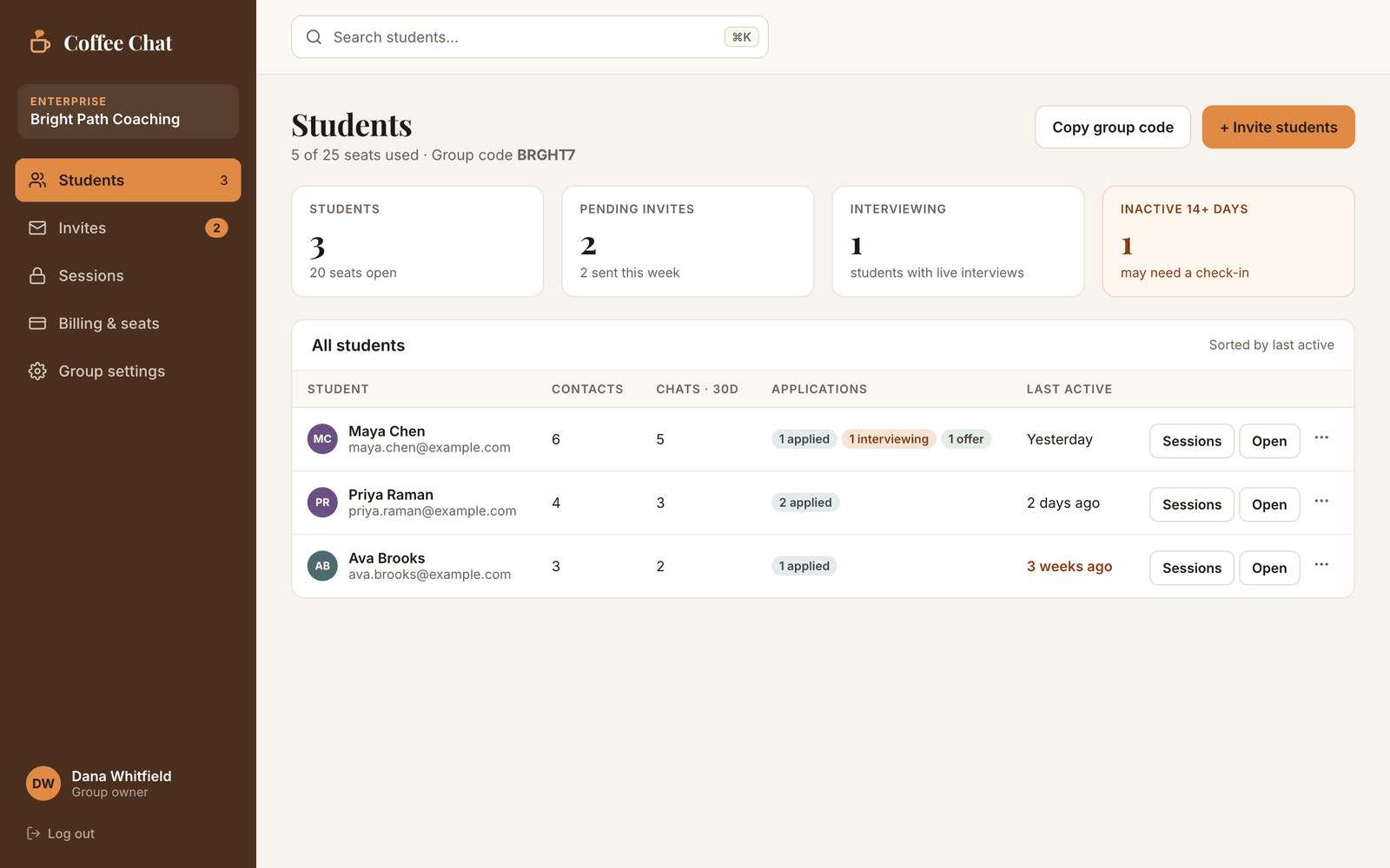 Students page: every student with contacts, recent chats, applications, and last activity